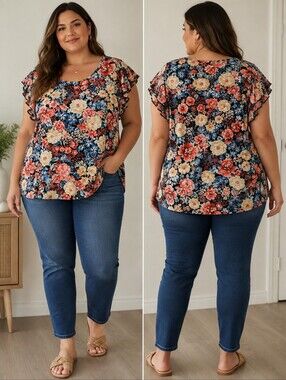 Kim & Cami Black Floral Short Sleeve Top with Cream, Coral, and Blue Blooms
